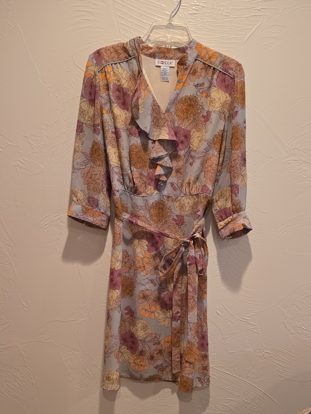 JG Hook Lavender Gray Floral Ruffle Midi Dress